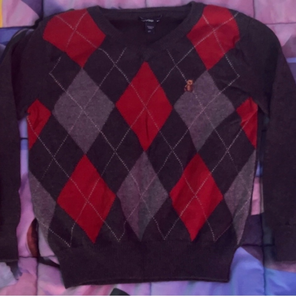 BABY GAP Gray and Red Argyle V-Neck Sweater